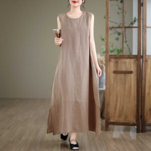 Spring Plain Irregular Sleeveless Cotton Linen Midi Dress With Pockets