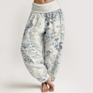 Pure Cotton Birds Branches Flowers Pattern Women's Elastic Waist Harem Pants
