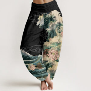 Casual Blooming Lotuse Wave Pavilion Pattern Women's Elastic Waist Harem Pants