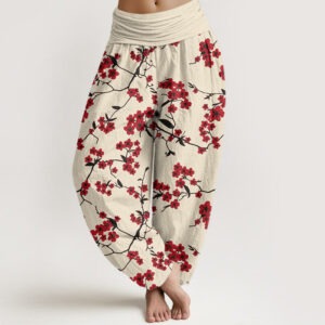 Red Peach Blossom Pattern Women's Elastic Waist Harem Pants