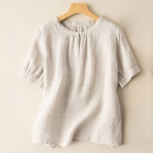 Casual Women's Plain Crew Neck Button Design Half Sleeve Cotton Linen Shirt