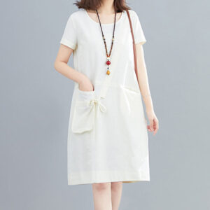 Summer Casual Plain Lace-Up Design Crew Neck Short Sleeve Cotton Linen Midi Dress With Pockets