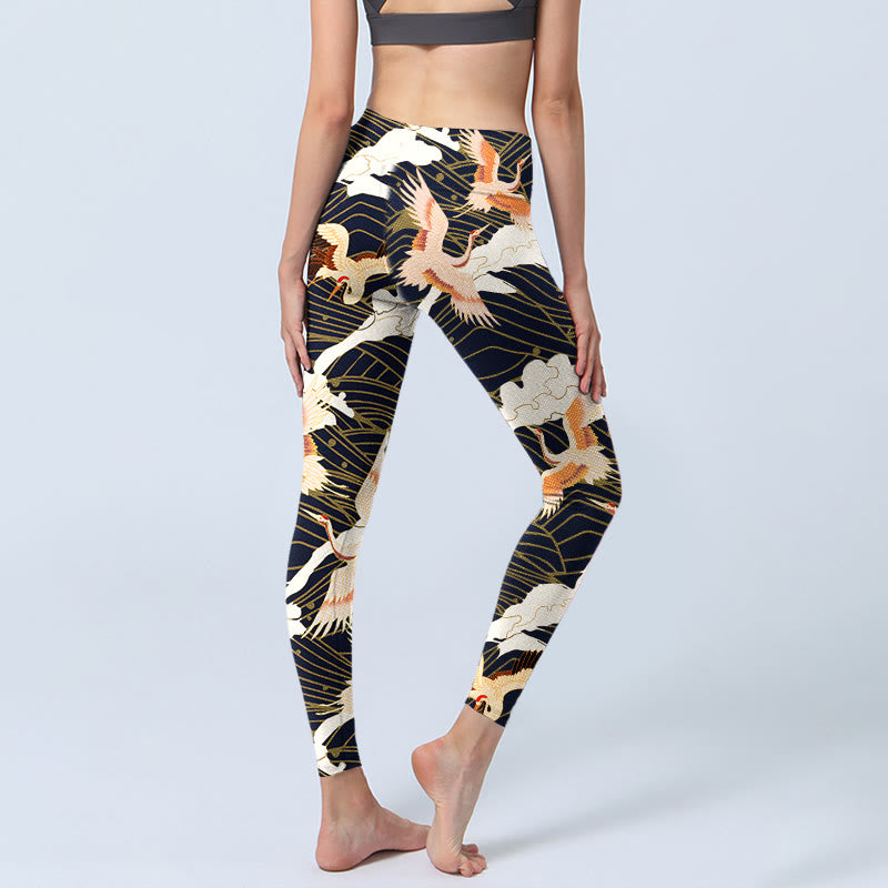 Red-crowned Cranes Cloud Sea Wave Pattern Print Gym Leggings Women's Yoga Pants - Image 5