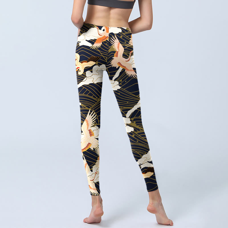 Red-crowned Cranes Cloud Sea Wave Pattern Print Gym Leggings Women's Yoga Pants - Image 7