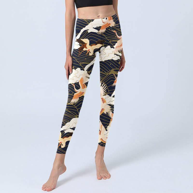 Red-crowned Cranes Cloud Sea Wave Pattern Print Gym Leggings Women's Yoga Pants - Image 6
