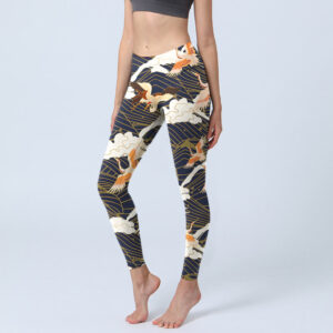 Red-crowned Cranes Cloud Sea Wave Pattern Print Gym Leggings Women's Yoga Pants