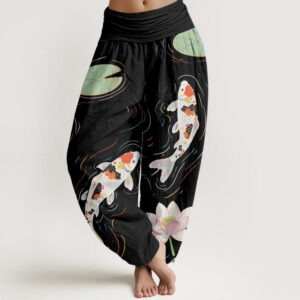 Lotus Flower Lotus Leaves Koi Fish Water Ripples Pattern Women's Elastic Waist Harem Pants