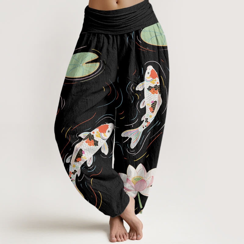 Lotus Flower Lotus Leaves Koi Fish Water Ripples Pattern Women's Elastic Waist Harem Pants