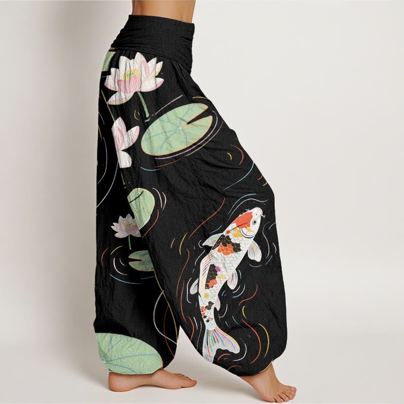 Lotus Flower Lotus Leaves Koi Fish Water Ripples Pattern Women's Elastic Waist Harem Pants - Image 3