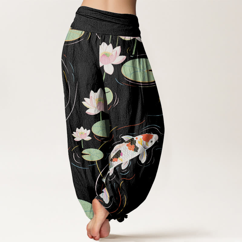 Lotus Flower Lotus Leaves Koi Fish Water Ripples Pattern Women's Elastic Waist Harem Pants - Image 2