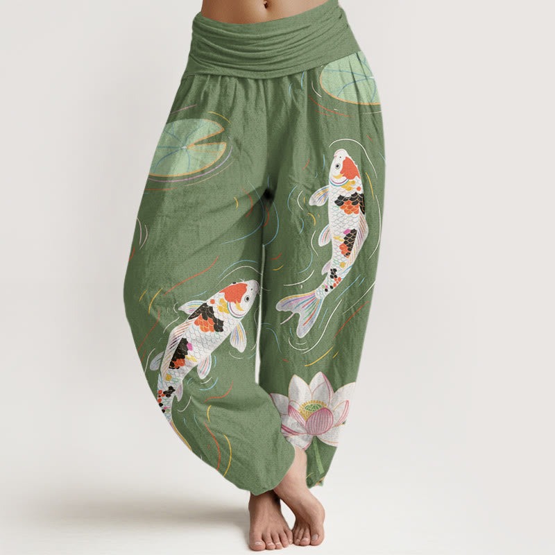 Lotus Flower Lotus Leaves Koi Fish Water Ripples Pattern Women's Elastic Waist Harem Pants - Image 5