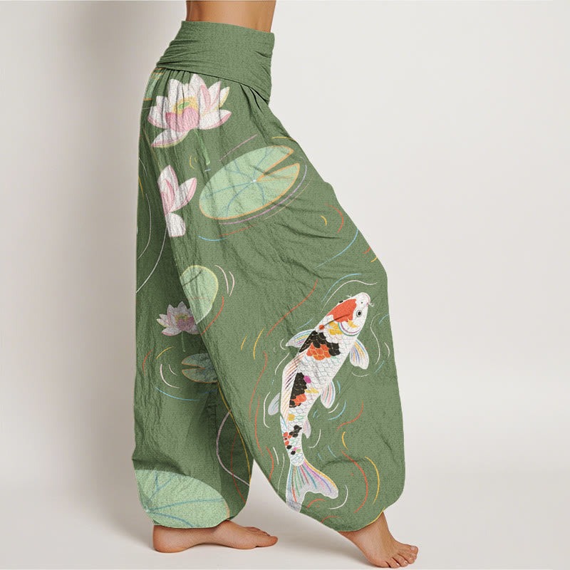 Lotus Flower Lotus Leaves Koi Fish Water Ripples Pattern Women's Elastic Waist Harem Pants - Image 7