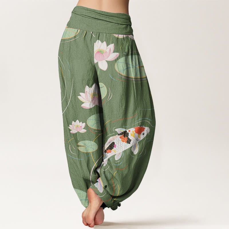 Lotus Flower Lotus Leaves Koi Fish Water Ripples Pattern Women's Elastic Waist Harem Pants - Image 6