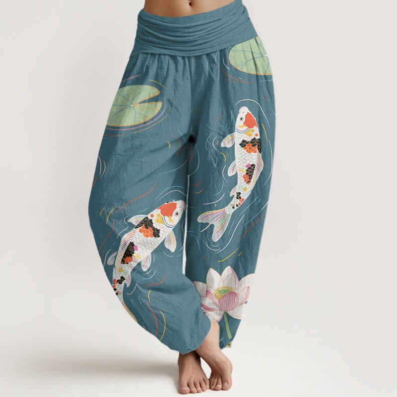 Lotus Flower Lotus Leaves Koi Fish Water Ripples Pattern Women's Elastic Waist Harem Pants - Image 8