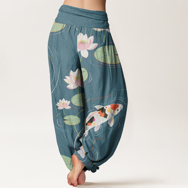 Lotus Flower Lotus Leaves Koi Fish Water Ripples Pattern Women's Elastic Waist Harem Pants - Image 9