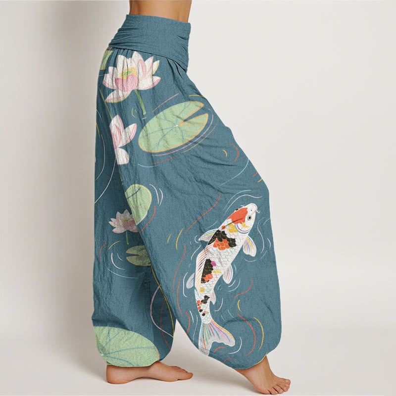 Lotus Flower Lotus Leaves Koi Fish Water Ripples Pattern Women's Elastic Waist Harem Pants - Image 10