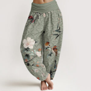 Pure Cotton Warbler Bird Blooming Flower Branches Mandala Pattern Women's Elastic Waist Harem Pants