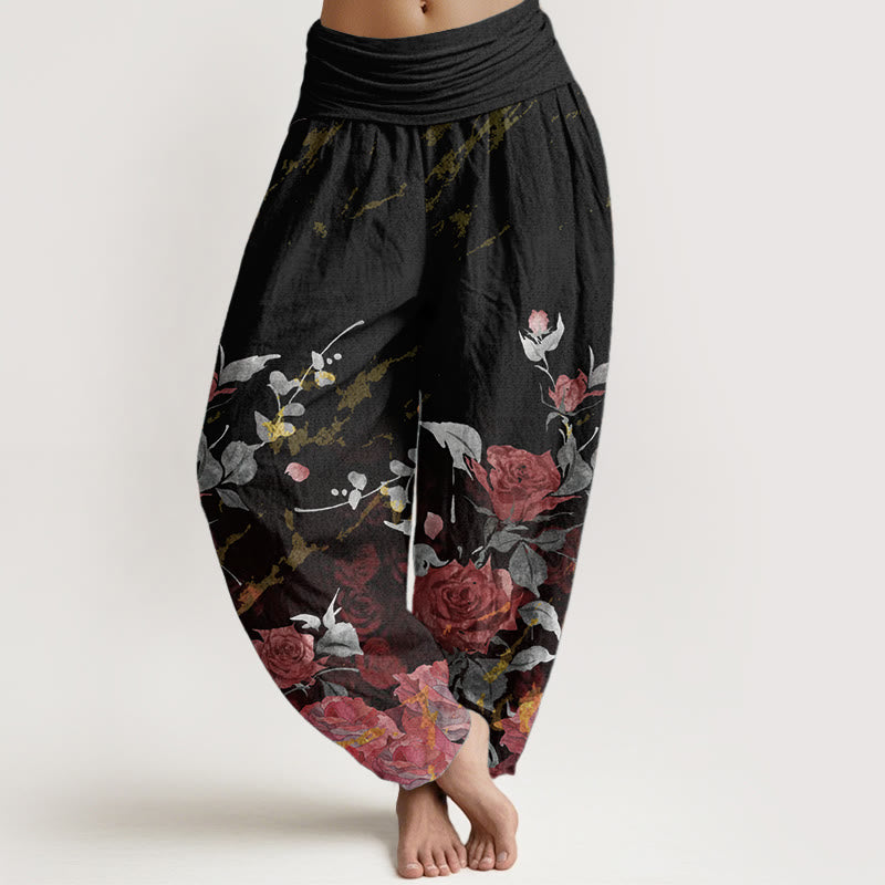 Pure Cotton Blooming Roses Pattern Women's Elastic Waist Harem Pants