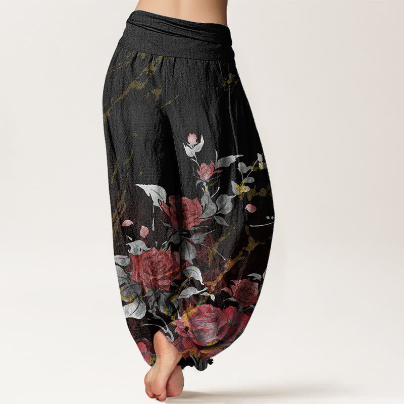 Pure Cotton Blooming Roses Pattern Women's Elastic Waist Harem Pants - Image 2