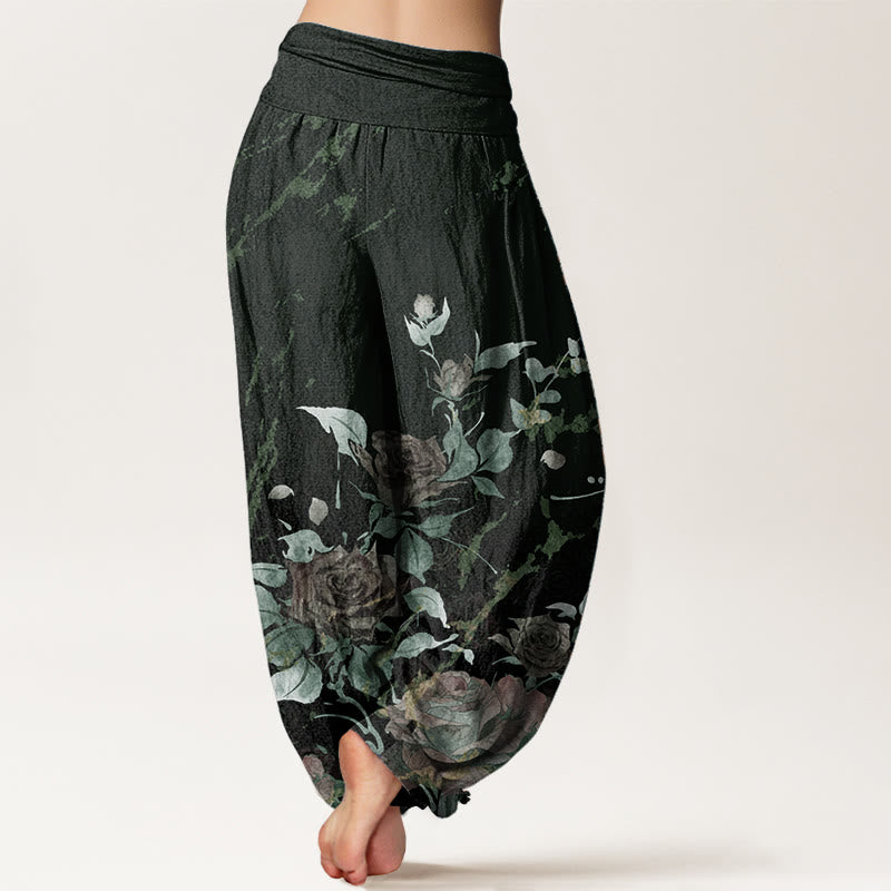 Pure Cotton Blooming Roses Pattern Women's Elastic Waist Harem Pants - Image 10