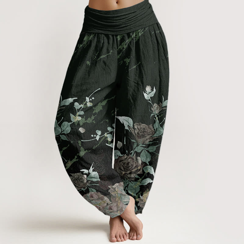 Pure Cotton Blooming Roses Pattern Women's Elastic Waist Harem Pants - Image 9