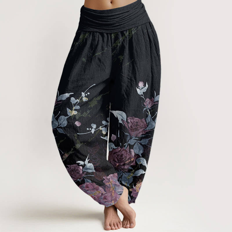 Pure Cotton Blooming Roses Pattern Women's Elastic Waist Harem Pants - Image 6