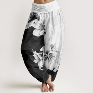 Pure Cotton Camellia Pattern Women's Elastic Waist Harem Pants