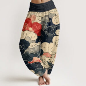 Casual Auspicious Clouds Pattern Women's Elastic Waist Harem Pants