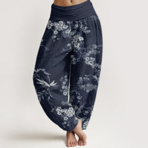 Pure Cotton White Sakura Flower Pattern Women's Elastic Waist Harem Pants