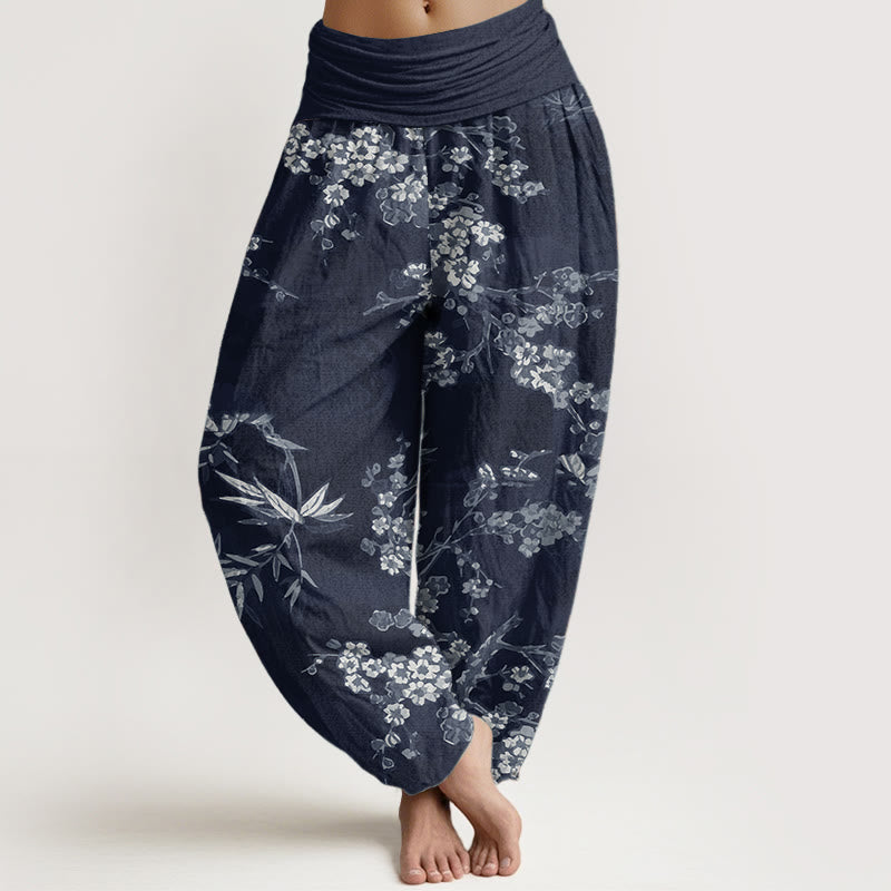Pure Cotton White Sakura Flower Pattern Women's Elastic Waist Harem Pants