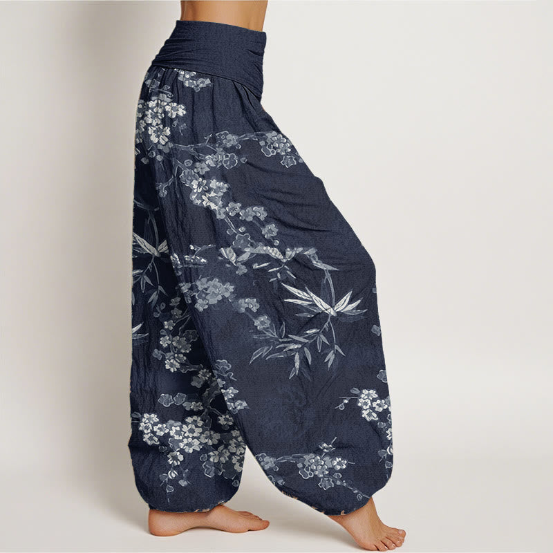 Pure Cotton White Sakura Flower Pattern Women's Elastic Waist Harem Pants - Image 2