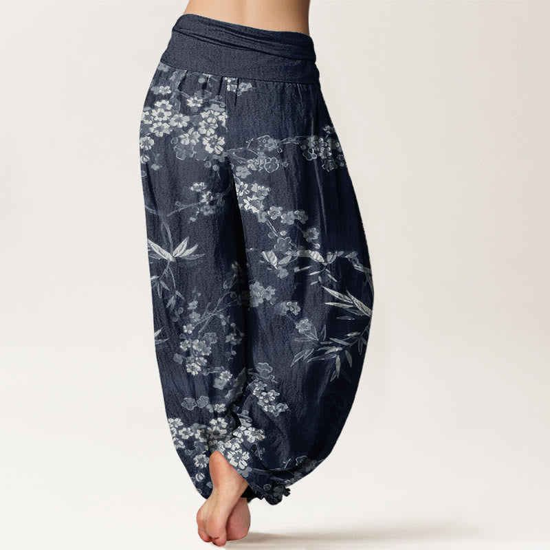 Pure Cotton White Sakura Flower Pattern Women's Elastic Waist Harem Pants - Image 3