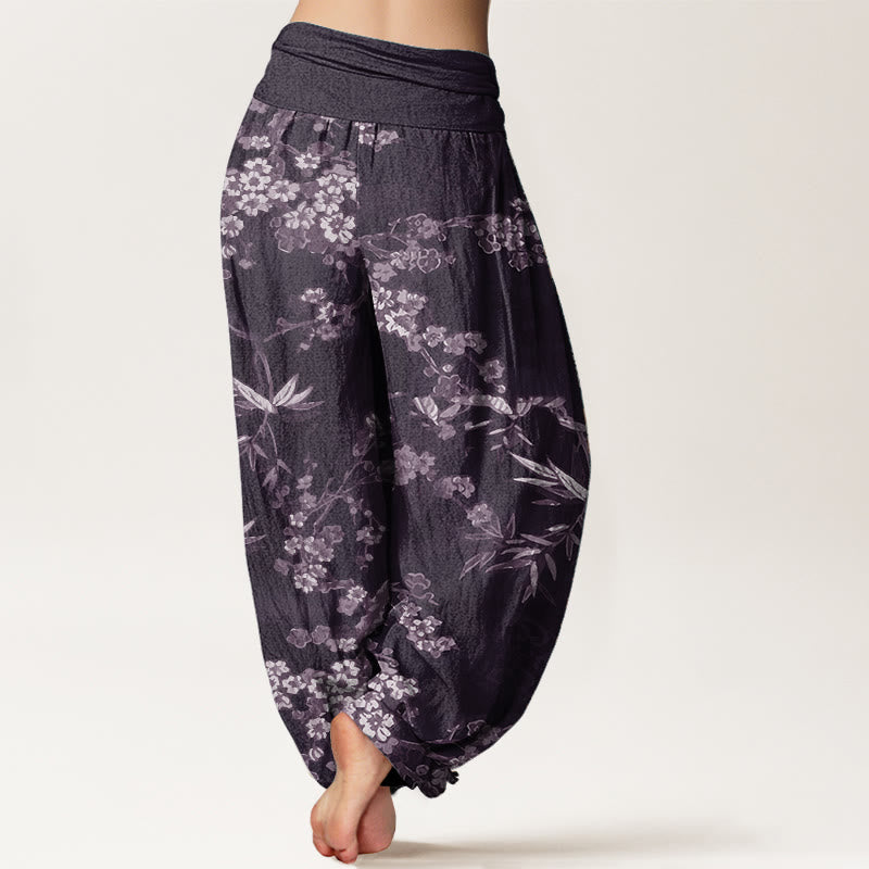 Pure Cotton White Sakura Flower Pattern Women's Elastic Waist Harem Pants - Image 9
