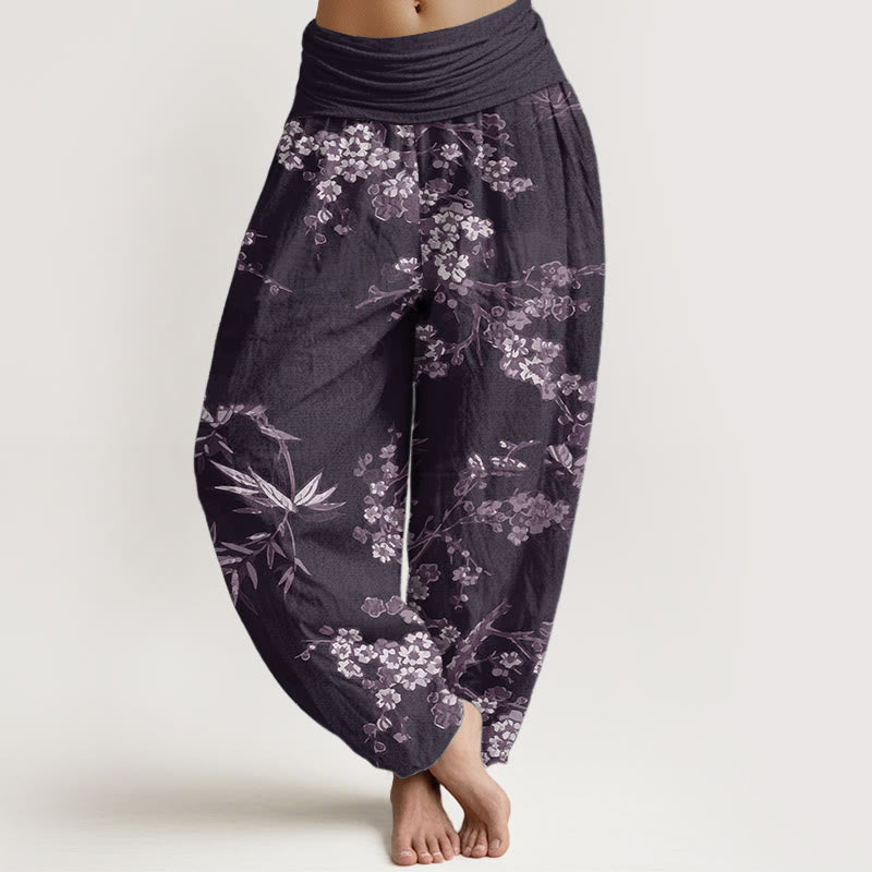 Pure Cotton White Sakura Flower Pattern Women's Elastic Waist Harem Pants - Image 7