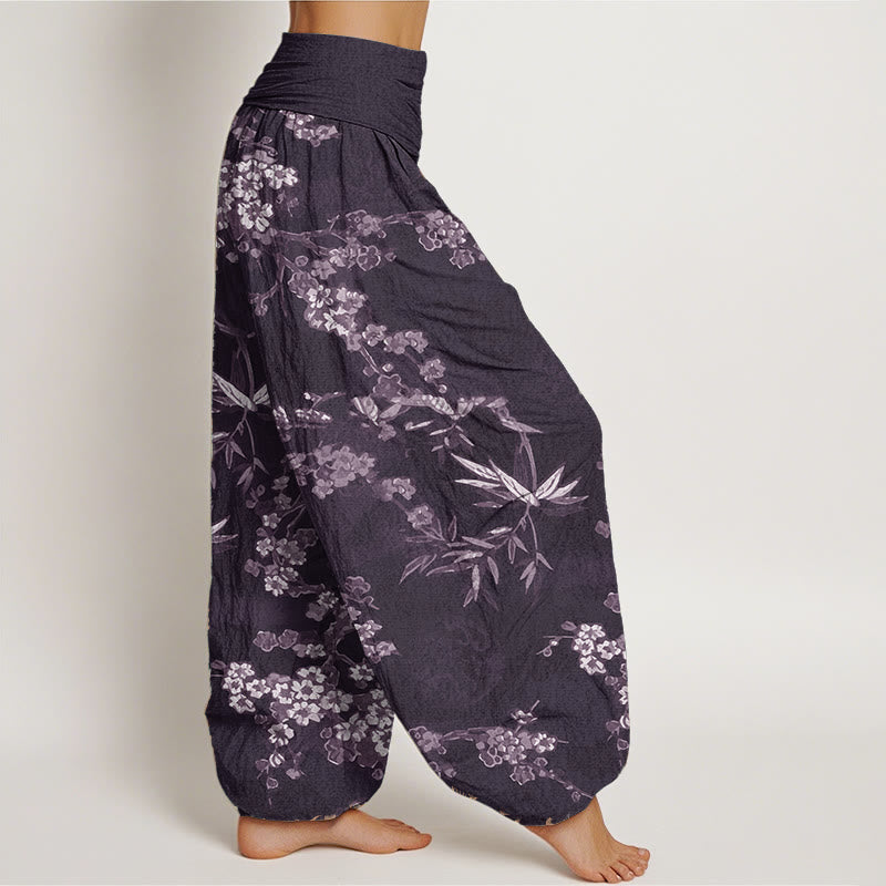 Pure Cotton White Sakura Flower Pattern Women's Elastic Waist Harem Pants - Image 8
