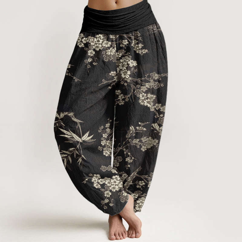 Pure Cotton White Sakura Flower Pattern Women's Elastic Waist Harem Pants - Image 10