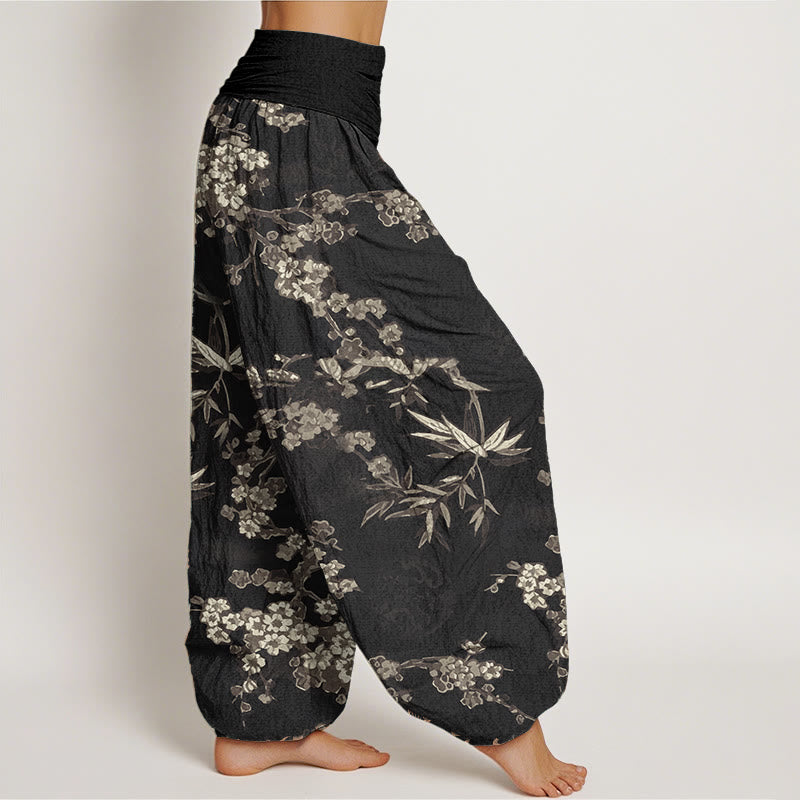 Pure Cotton White Sakura Flower Pattern Women's Elastic Waist Harem Pants - Image 11