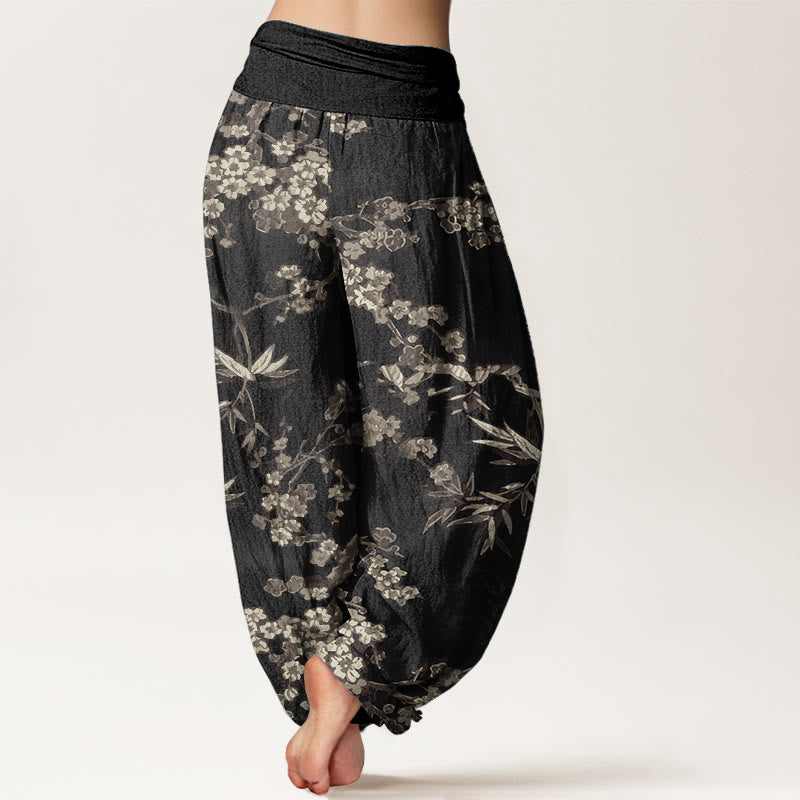 Pure Cotton White Sakura Flower Pattern Women's Elastic Waist Harem Pants - Image 12