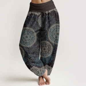 Pure Cotton Mandala Pattern Leaves Women's Elastic Waist Harem Pants