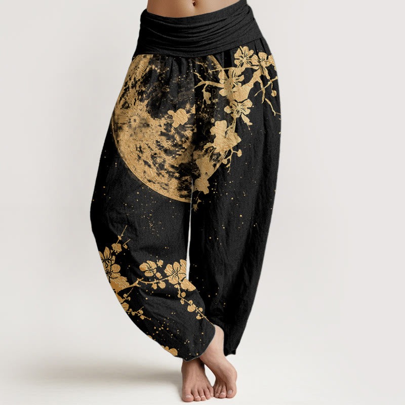 Pure Cotton Golden Plum Blossom Full Moon Pattern Women's Elastic Waist Harem Pants