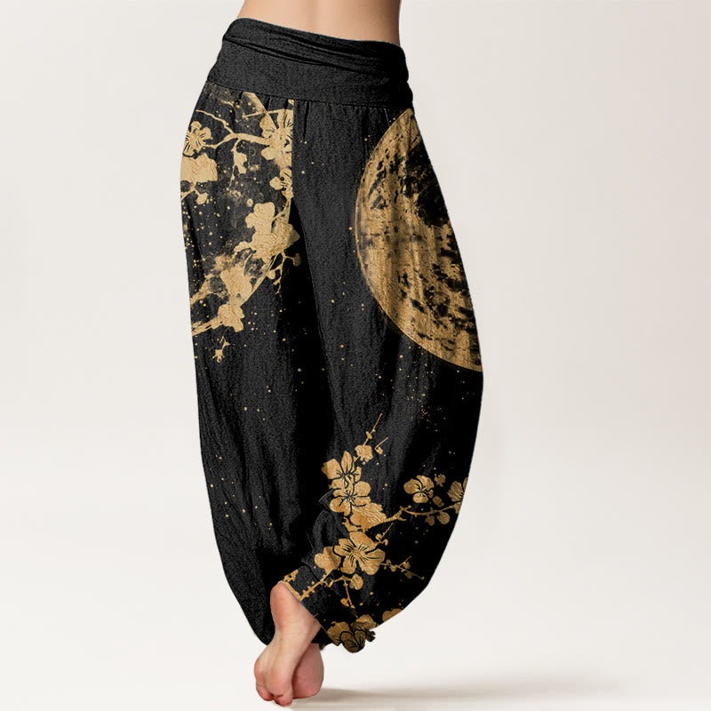 Pure Cotton Golden Plum Blossom Full Moon Pattern Women's Elastic Waist Harem Pants - Image 2