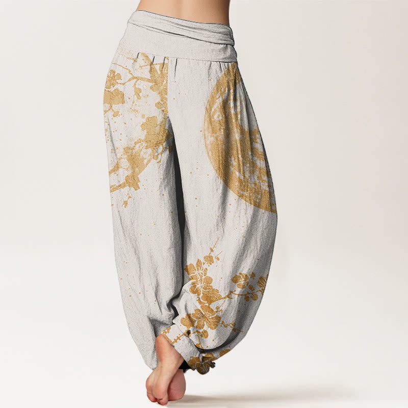 Pure Cotton Golden Plum Blossom Full Moon Pattern Women's Elastic Waist Harem Pants - Image 10