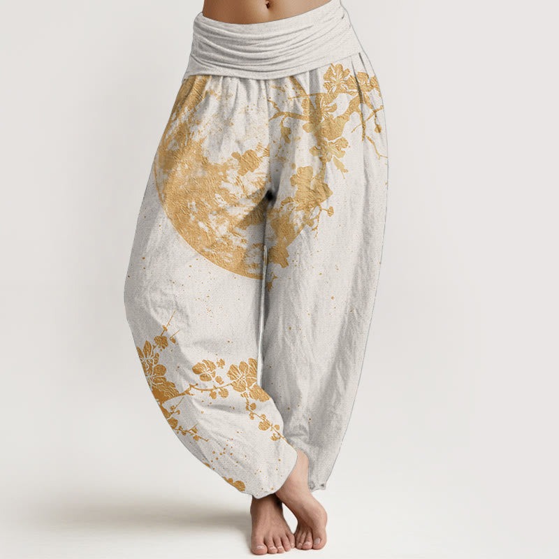 Pure Cotton Golden Plum Blossom Full Moon Pattern Women's Elastic Waist Harem Pants - Image 9