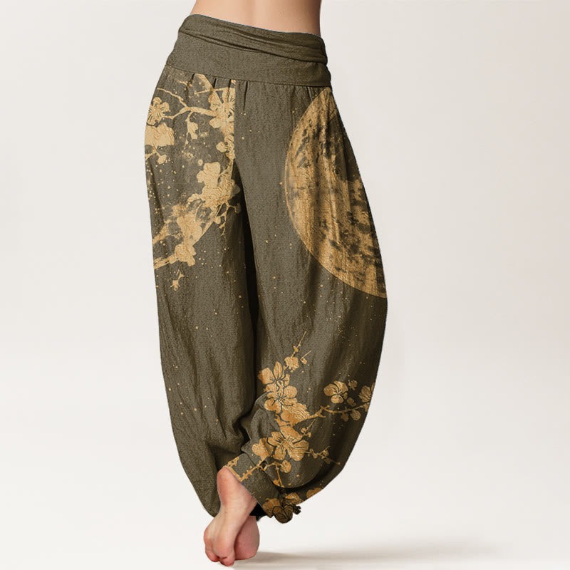 Pure Cotton Golden Plum Blossom Full Moon Pattern Women's Elastic Waist Harem Pants - Image 7