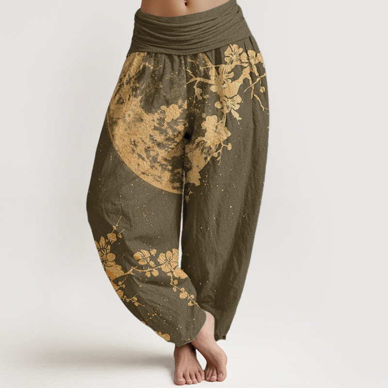 Pure Cotton Golden Plum Blossom Full Moon Pattern Women's Elastic Waist Harem Pants - Image 6