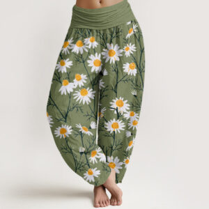 White Petals Daisy Pattern Women's Elastic Waist Harem Pants
