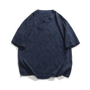 Ethnic Distressed Jacquard Frog-Button Men's Stand Collar Half Sleeve Cotton Linen Shirt Tai Chi Clothes