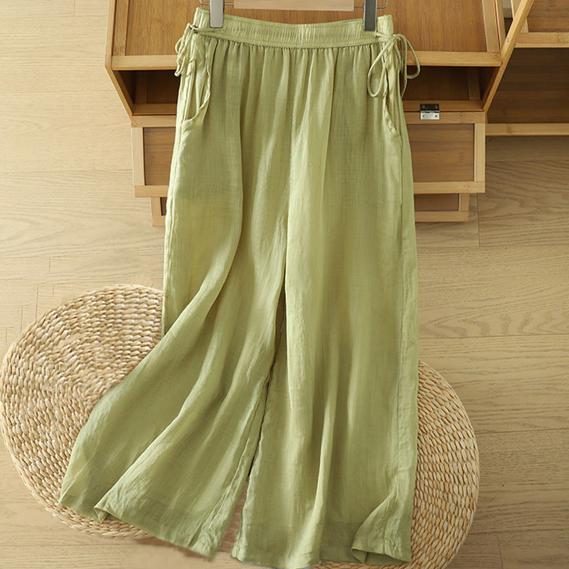 Casual Plain Lined Ribbon Elastic Women's Polyester Wide Leg Pants With Pockets - Image 10