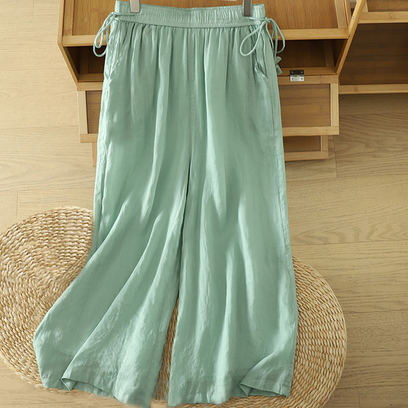 Casual Plain Lined Ribbon Elastic Women's Polyester Wide Leg Pants With Pockets - Image 15