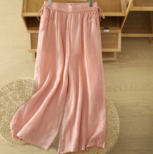 Casual Plain Lined Ribbon Elastic Women's Polyester Wide Leg Pants With Pockets - Image 20